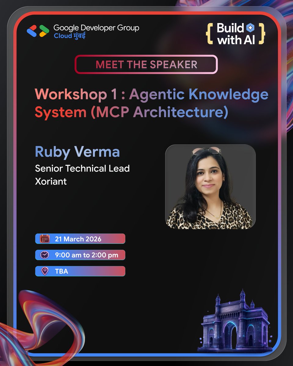 GDGCloudMumbai's tweet image. 🚀 Meet the Speaker - Ruby Verma

Dive into Agentic Knowledge Systems (MCP) with hands-on learning.
Senior Technical Lead at Xoriant ⚡
📅 21 March 2026 | ⏰ 9:00 AM – 2:00 PM
📍 Location: TBA

Registrations open 👀
#BuildWithAI #gdgcloudmumbai #AgenticAI #AIWorkshop #GoogleCloud