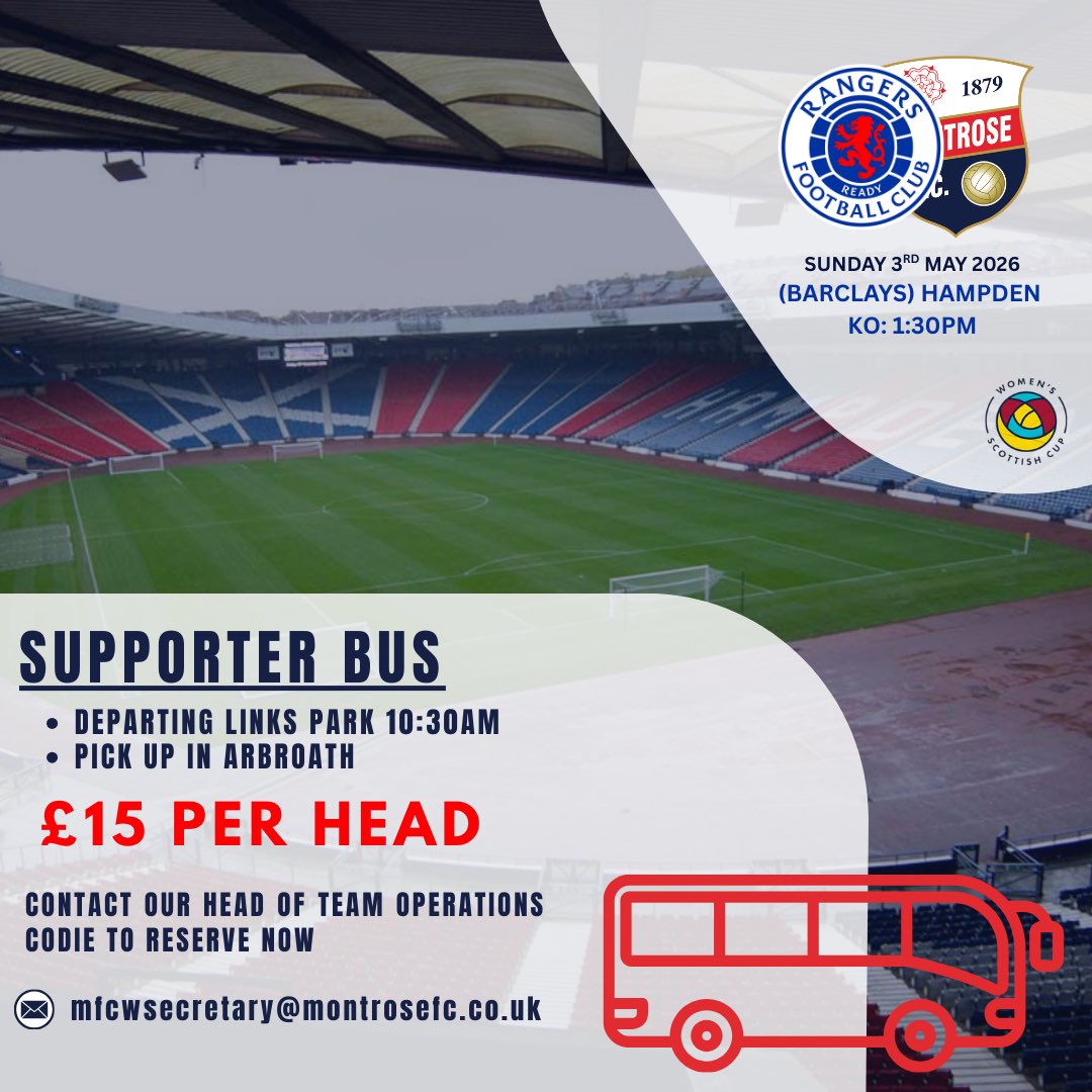 MontroseFCW's tweet photo. The road to Hampden…. 🚌

We have had an great response and our bus is over half full already! ✨ 

Don’t miss your chance to be part of something special… come along and support your local women’s team as they create history! 

To book a seat: mfcwsecretary@montrosefc.co.uk https://t.co/SVSWXJD2Ll