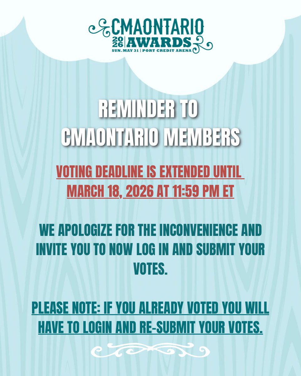 theCMAOntario's tweet photo. 🚨 FINAL DAY 🚨

Today is the final day to vote for first ballot in the 2026 CMAOntario Awards! 🏆🎶 

📅 VOTE NOW before it’s too late! Head to https://t.co/tjLjKBCey7 to get yours in! ⏳🔥

Closes tonight at 11:59pm EST

#CMAOntario #CMAOntarioAwards #cmaontario2026 https://t.co/rTysmt6d62