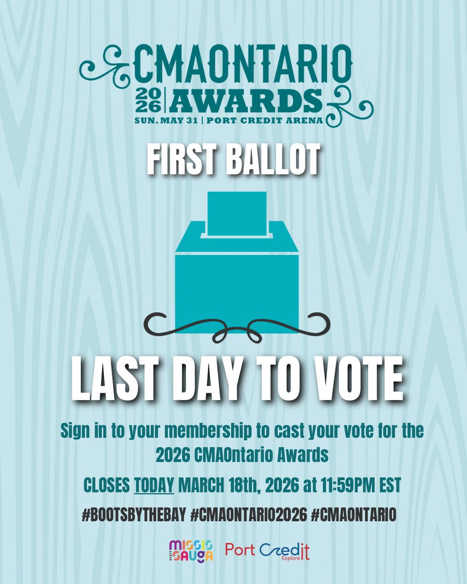 theCMAOntario's tweet photo. 🚨 FINAL DAY 🚨

Today is the final day to vote for first ballot in the 2026 CMAOntario Awards! 🏆🎶 

📅 VOTE NOW before it’s too late! Head to https://t.co/tjLjKBCey7 to get yours in! ⏳🔥

Closes tonight at 11:59pm EST

#CMAOntario #CMAOntarioAwards #cmaontario2026 https://t.co/rTysmt6d62