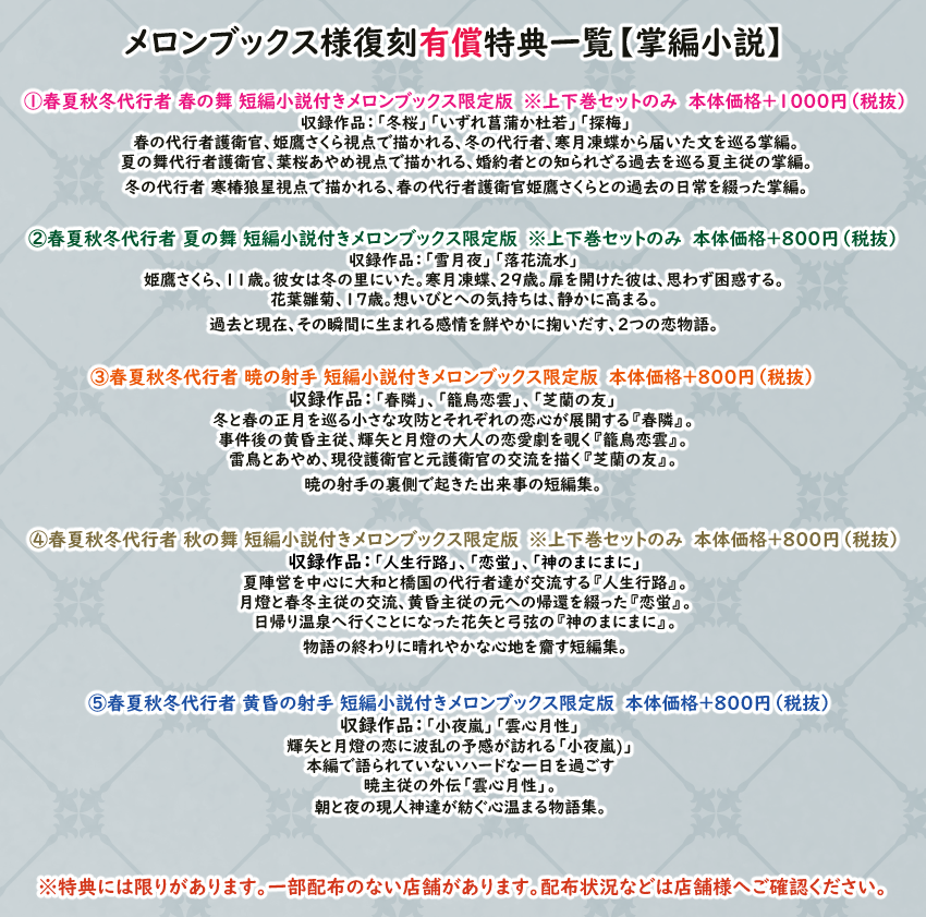 メロンブックス様の復刻特典の内容は記載しておりますが、当時ご購入