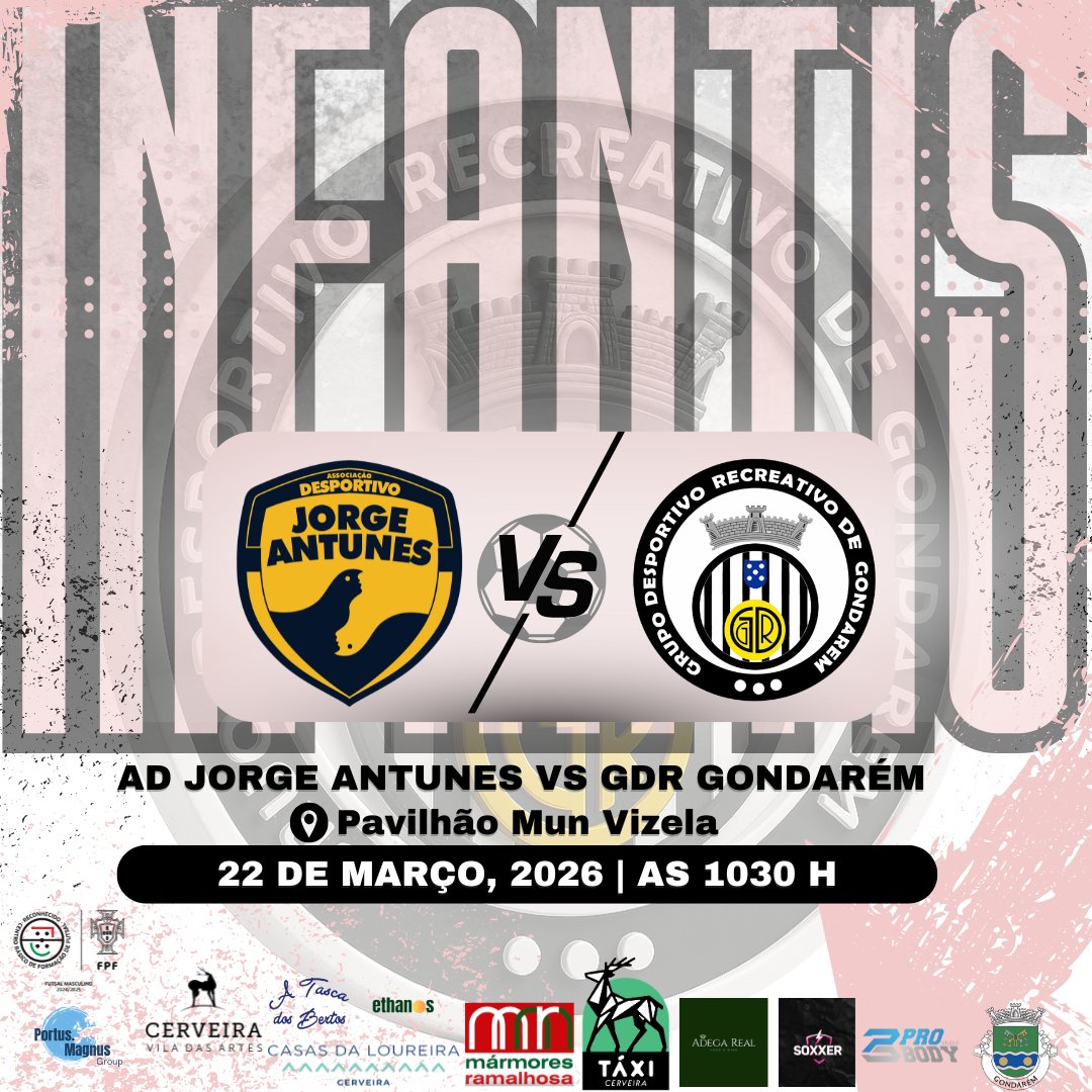 A equipa de Infantis do GDR Gondarém desloca-se a Vizela para enfrentar a AD Jorge Antunes, num jogo que promete competitividade e muita entrega dentro de campo.

Os nossos jovens continuam a crescer, a evoluir e a mostrar o verdadeiro espírito de equipa, sempre com orgulho.