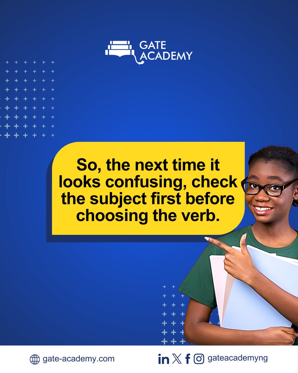 gateacademyng's tweet photo. When the subject is….

he, she, or it, the verb usually takes “s.”
Think of it like this:
He → likes
She → wants
It → works

But:
I → like
You → like
They → like
We → like

No “s”.

In exams like UTME, this rule often appears in sentence correction or gap filling. https://t.co/De1eMdY0o2