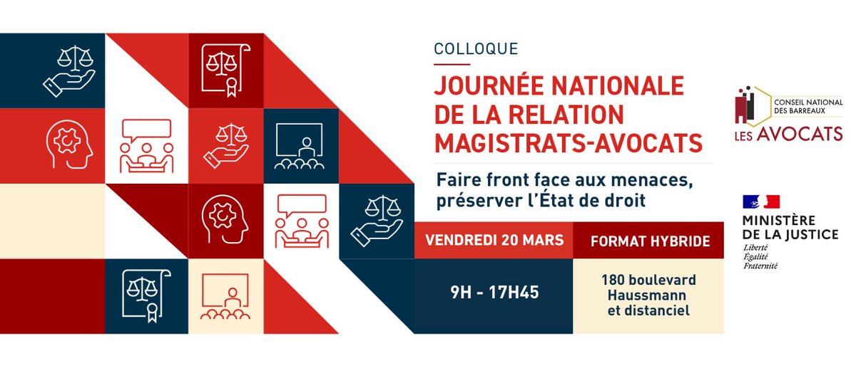 CNBarreaux's tweet image. [#Événement ⚖️] 𝑴𝒂𝒈𝒊𝒔𝒕𝒓𝒂𝒕𝒔-𝑨𝒗𝒐𝒄𝒂𝒕𝒔 : 𝑷𝒓𝒐𝒕𝒆́𝒈𝒆𝒓 𝒄𝒆𝒖𝒙 𝒒𝒖𝒊 𝒓𝒆𝒏𝒅𝒆𝒏𝒕 𝒍𝒂 𝒋𝒖𝒔𝒕𝒊𝒄𝒆

📌 Le 20 mars prochain, le Conseil national des barreaux accueillera la 3ᵉ Journée nationale de la relation magistrats-avocats, organisée par le Conseil