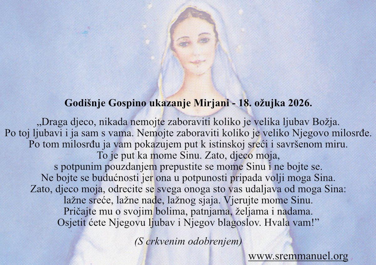 ChildrenofMedj's tweet photo. Godišnje Gospino ukazanje Mirjani - 18. ožujka 2026.
https://t.co/xQvHloLQXf https://t.co/FLS69kqP6c