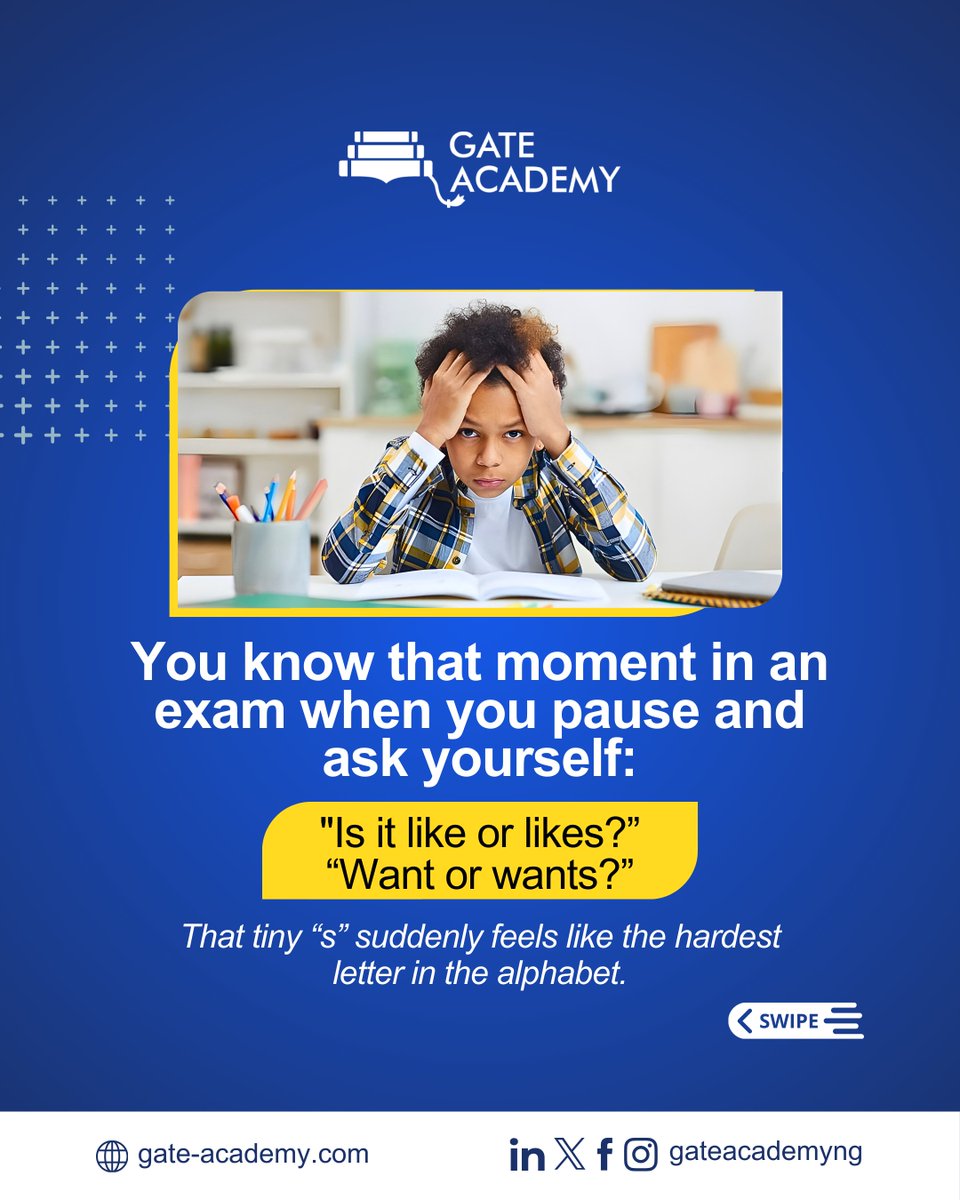 gateacademyng's tweet photo. When the subject is….

he, she, or it, the verb usually takes “s.”
Think of it like this:
He → likes
She → wants
It → works

But:
I → like
You → like
They → like
We → like

No “s”.

In exams like UTME, this rule often appears in sentence correction or gap filling. https://t.co/De1eMdY0o2