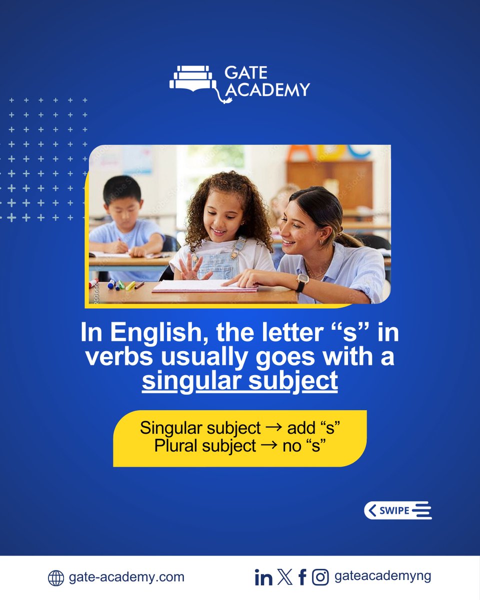 gateacademyng's tweet photo. When the subject is….

he, she, or it, the verb usually takes “s.”
Think of it like this:
He → likes
She → wants
It → works

But:
I → like
You → like
They → like
We → like

No “s”.

In exams like UTME, this rule often appears in sentence correction or gap filling. https://t.co/De1eMdY0o2
