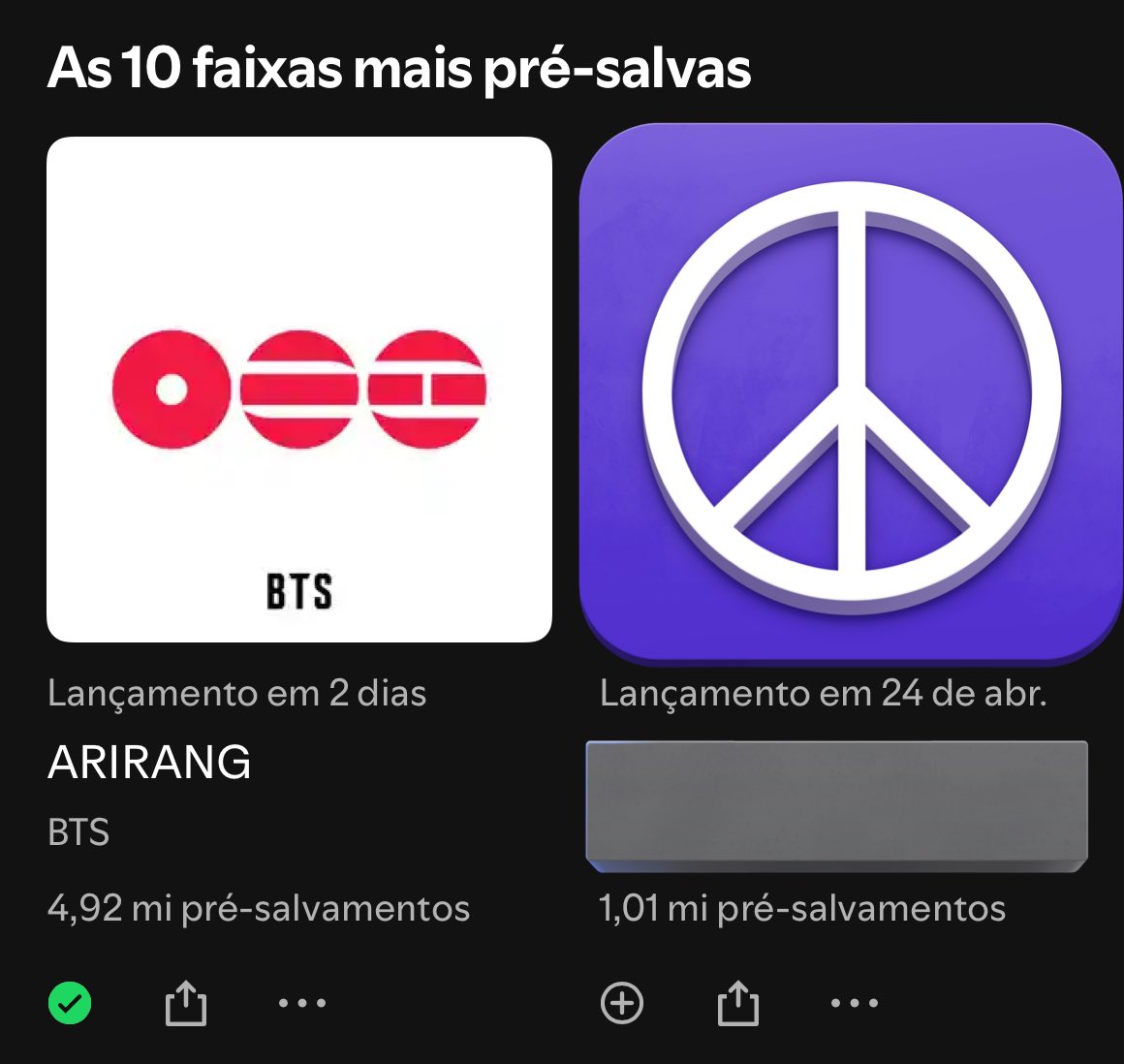 BTSProjectBR's tweet photo. ARIRANG ultrapassou 4,92M(+ 100k) pré saves no Spotify. 

🚨Faltam 80K pré saves para atingirmos os 5 MILHÕES. 😭 https://t.co/cTJDJtCzkJ