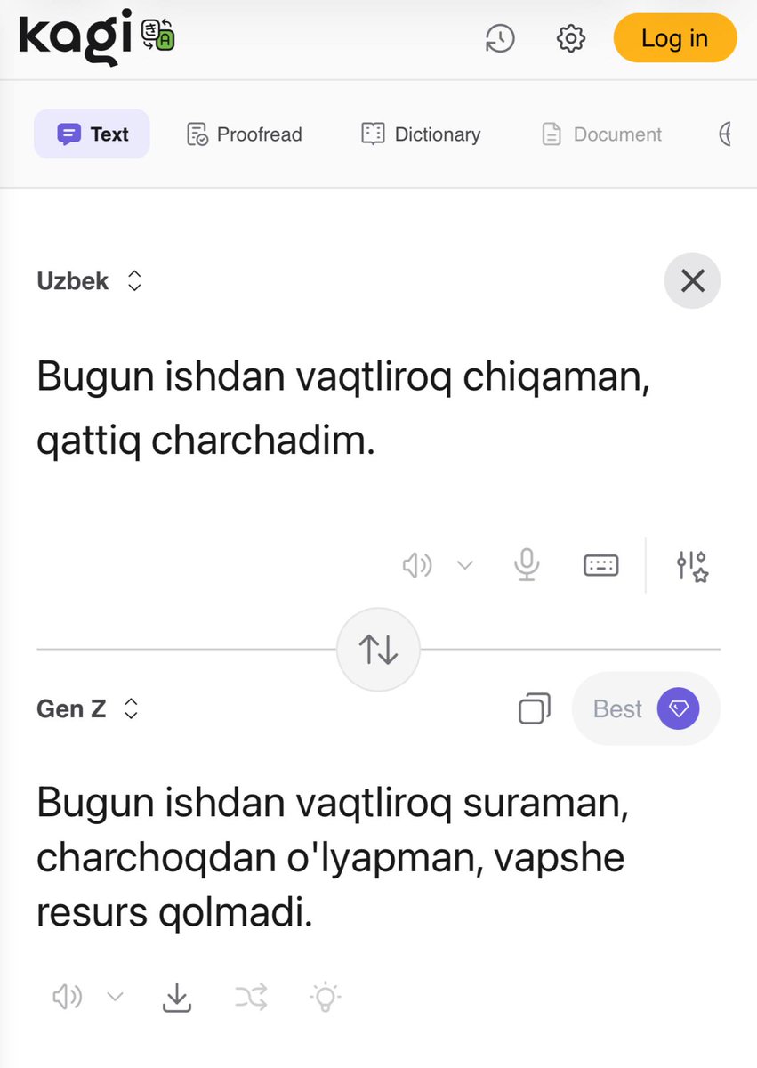 Matnni o’zbek tilidan zumerlar tiliga tarjima qiladigan sayt paydo bo‘libdi  😁
translate.kagi.com/?from=uz&to=ge…