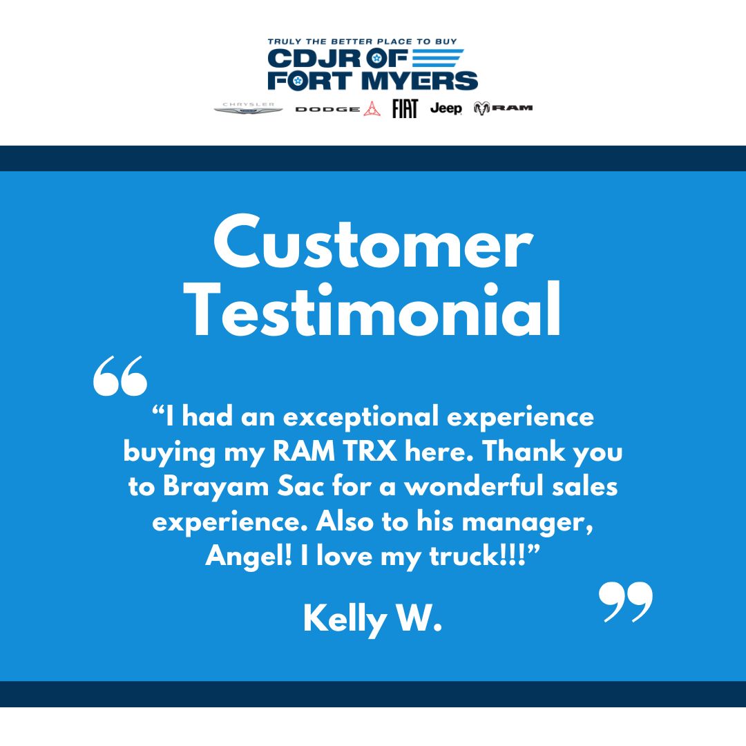 CDJRFortMyers's tweet image. ⭐ Kelly, thank you for trusting Brayam and Angel with your RAM TRX purchase. 🚗

We’re proud to deliver exceptional service and a buying experience you’ll love from start to finish.

🔗 cdjroffortmyers.com

#CDJRFortMyers #RAMTRX #CustomerTestimonial