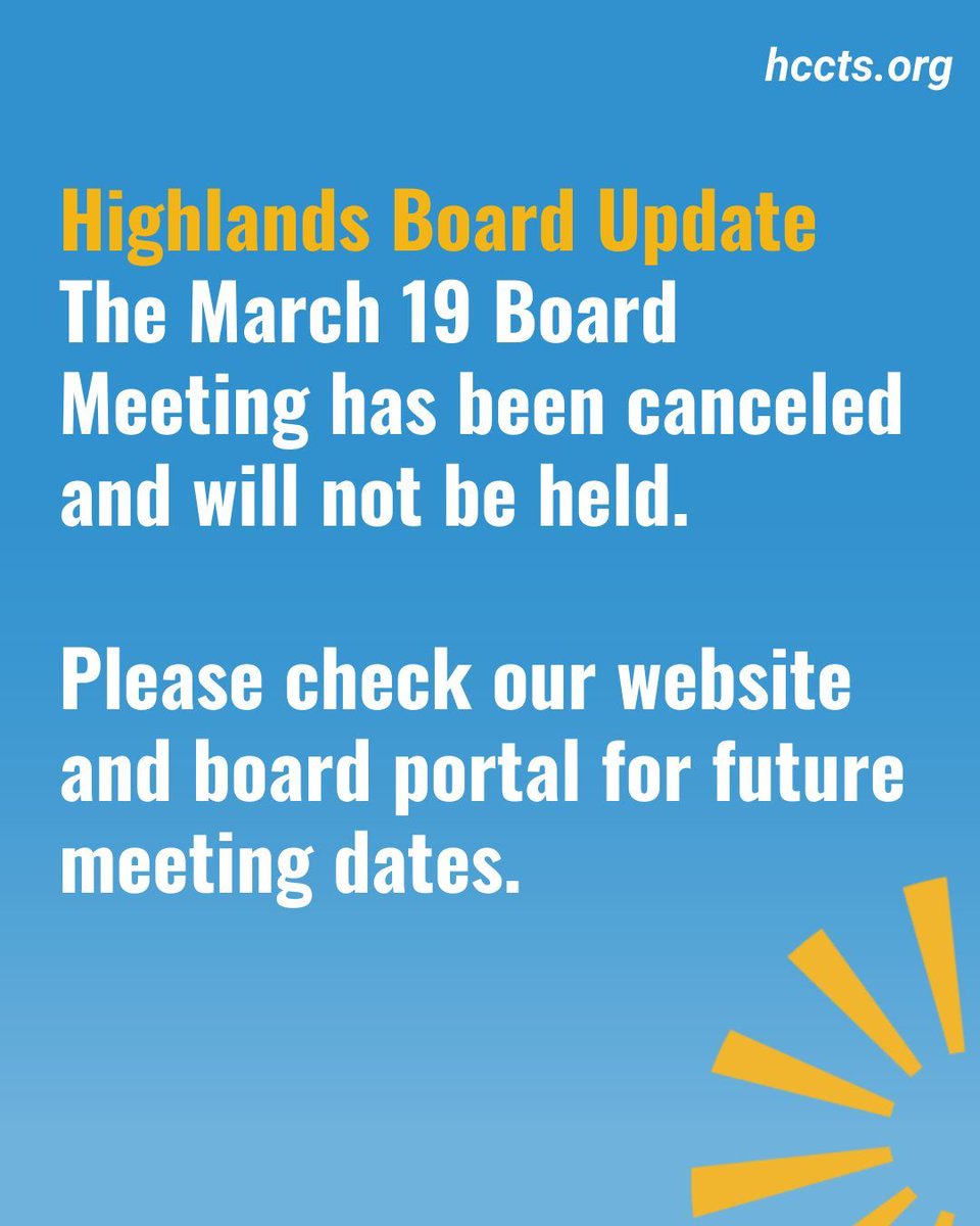 HCCTSInfo's tweet photo. The March 19 Board Meeting has been canceled.

Please check our website and board portal for future meeting dates. 

Thank you! https://t.co/Jj4iobzhSu