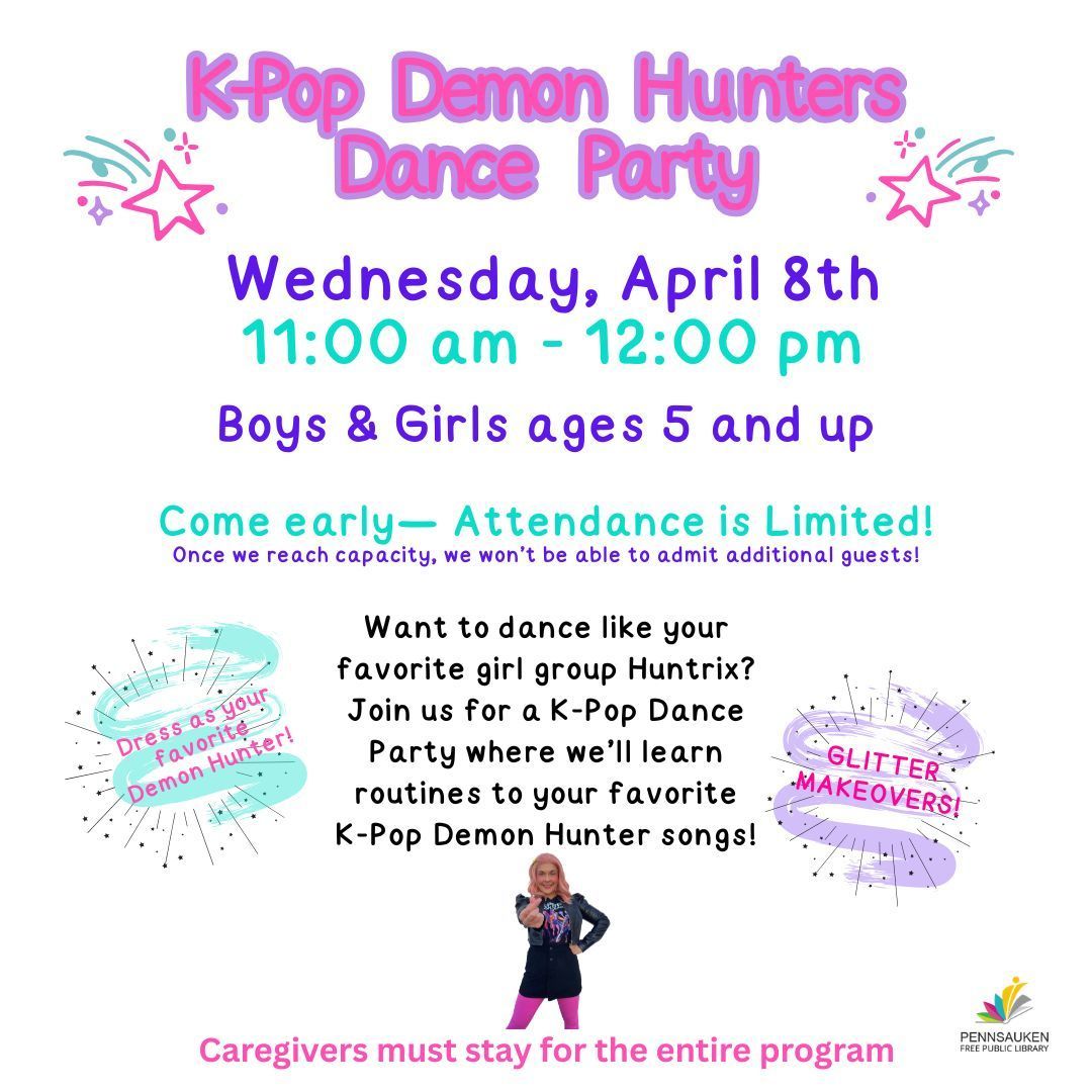 During Spring Break, come enjoy a fun-filled experience! 
Boys &amp; girls will learn dance moves from their favorite Demon Hunters songs and enjoy a fun glitter makeover! Space is limited, so once the program is full, no additional patrons will be admitted. 

#KPOPDanceParty #PFPL