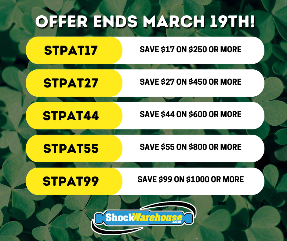 Shockwarehouse's tweet image. From March 17-19, get big savings on shocks and struts at Shockwarehouse. No luck needed—just tough parts for a better ride. 🚗💪
Shop now: Shockwarehouse.com
#StPatricksDay #Shockwarehouse #ToughGear #NoLuckNeeded #SaveALittleGold