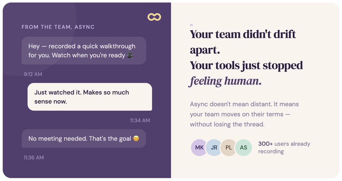 glooin_app's tweet photo. Async doesn't mean cold. It means your teammate in a different timezone finally gets the context they needed - without a 9am call nobody wanted.

Record once. They watch when it works for them.

No follow-ups. No "did you get my message?" Just clarity, on their terms.

300+ people are already doing this with Gloomin.
Try it → https://t.co/wFg7gcMm8B