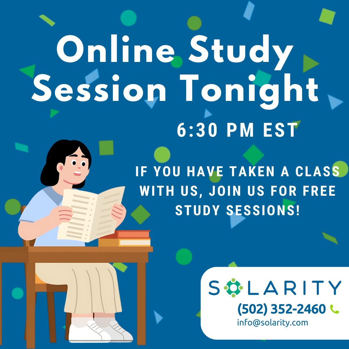 Join us tonight at 6:30 EST for our Project Management Professional Study Session! These sessions are free with your enrollment in other Solarity courses, so be sure to reach out to your instructor to be added. #ChooseSolarity 

buff.ly/uIejBSO