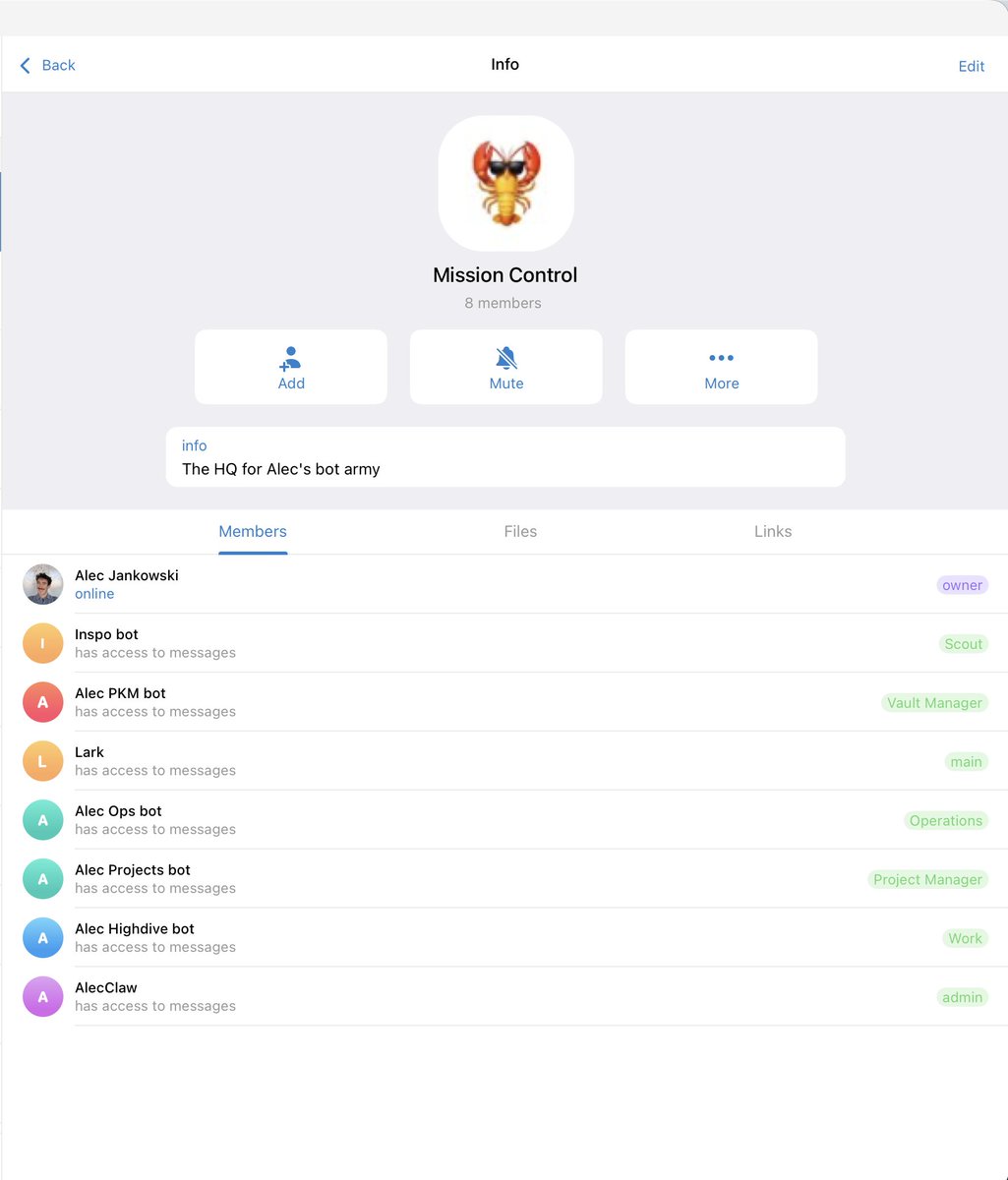 alecjankowski's tweet photo. running a multi-bot @openclaw setup in a multi-channel telegram. full personal knowledge management via notion/qdrant. send a link and AI puts it in the databases and organizes it. Project management, security/ops, and a main bot that's an orchestra conductor. https://t.co/NswUD2Aqmh