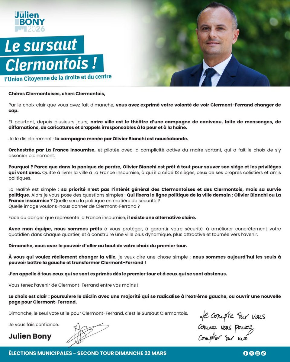 Clermont a voté pour le changement. Face aux alliances de circonstance et aux dérives, une alternative claire existe. Sécurité, dynamisme, avenir : dimanche, on confirme.
👉 Le vrai choix : continuer le déclin… ou provoquer le sursaut.
#bony2026 #municipales2026