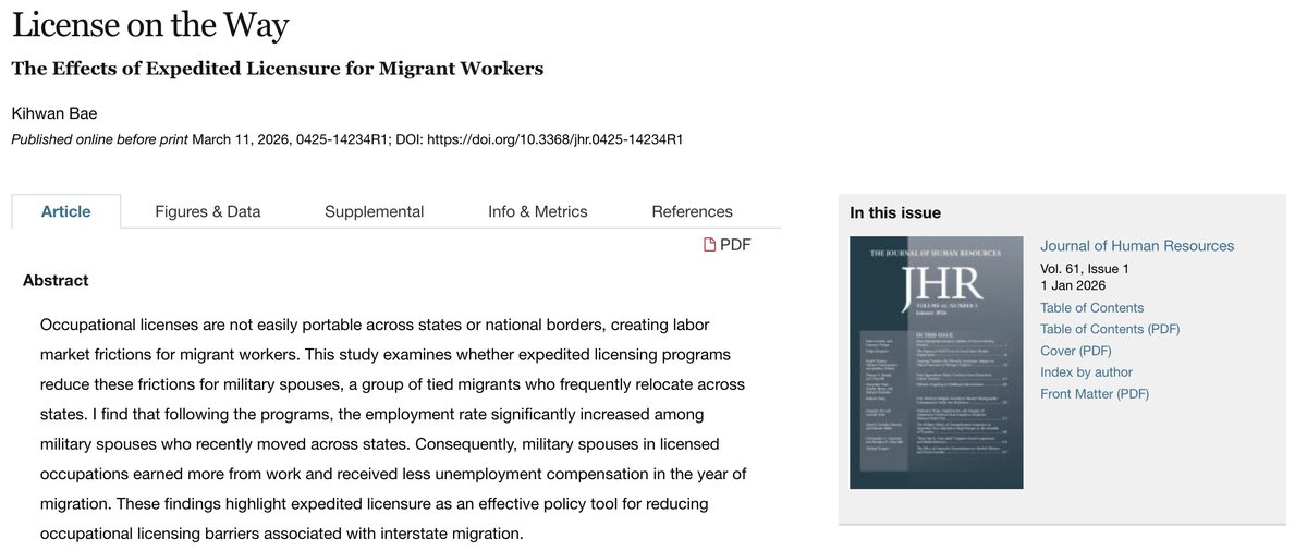 J_HumanResource's tweet image. #Military spouses move every 2-4 years for their partner’s career, but their licenses don’t move with them. Kihwan Bae finds that expedited licensing programs boosted their #employment rate by 17%. A simple #policy fix with a $1.2B impact.

doi.org/10.3368/jhr.04…