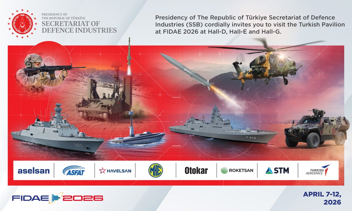 TC_AsuncionBE's tweet image. La industria de #defensaturca estará presente en #FIDAE2026 @FIDAE_OFICIAL con ocho empresas en Santiago de Chile.

Les invitamos a visitar el pabellón de Türkiye del 7 al 12 de abril.