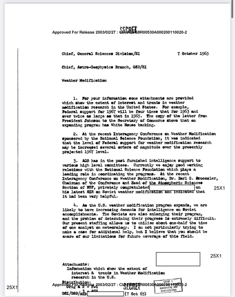Gizliliği kaldırılan 1965 tarihli CIA belgeleri.
Buna göre, ABD’nin hava durumunu değiştirmek için uçaklarla atmosfere kimyasal saldığı ortaya çıkıyor.
Hava koşullarını değiştirme denemeleri yapılmış.
Suni yağmur, sis oluşturma, kasırga…
Projenin 2026’da geldiği noktayı düşünün!