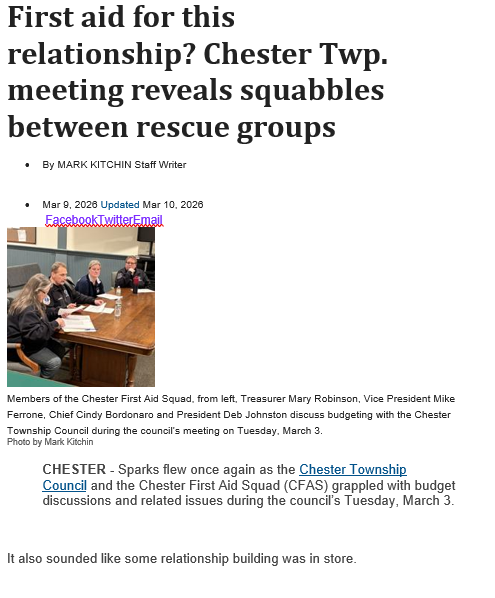 ChesterFAS's tweet photo. First aid for this relationship? Chester Twp. meeting reveals squabbles between rescue groups
By MARK KITCHIN Staff Writer
Mar 9, 2026 Updated Mar 10, 2026
Full article on Observer-Tribune https://t.co/K06kgp2sUU