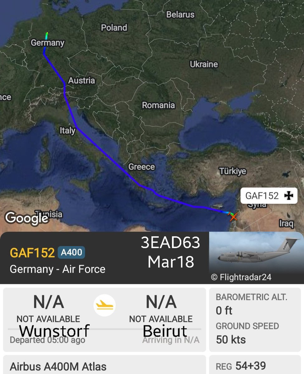 LebanonJets's tweet photo. #Germany AirForce A400M 54+39 #3EAD63 into #Beirut from Wunstorf AirBase then onwards to Amman ADJ/Marka via Larnaca as #GAF152 179 German troops in Lebanon for #UNIFIL as of Feb1 & last GAF A400 here on Feb17 https://t.co/lFjfygAKAG