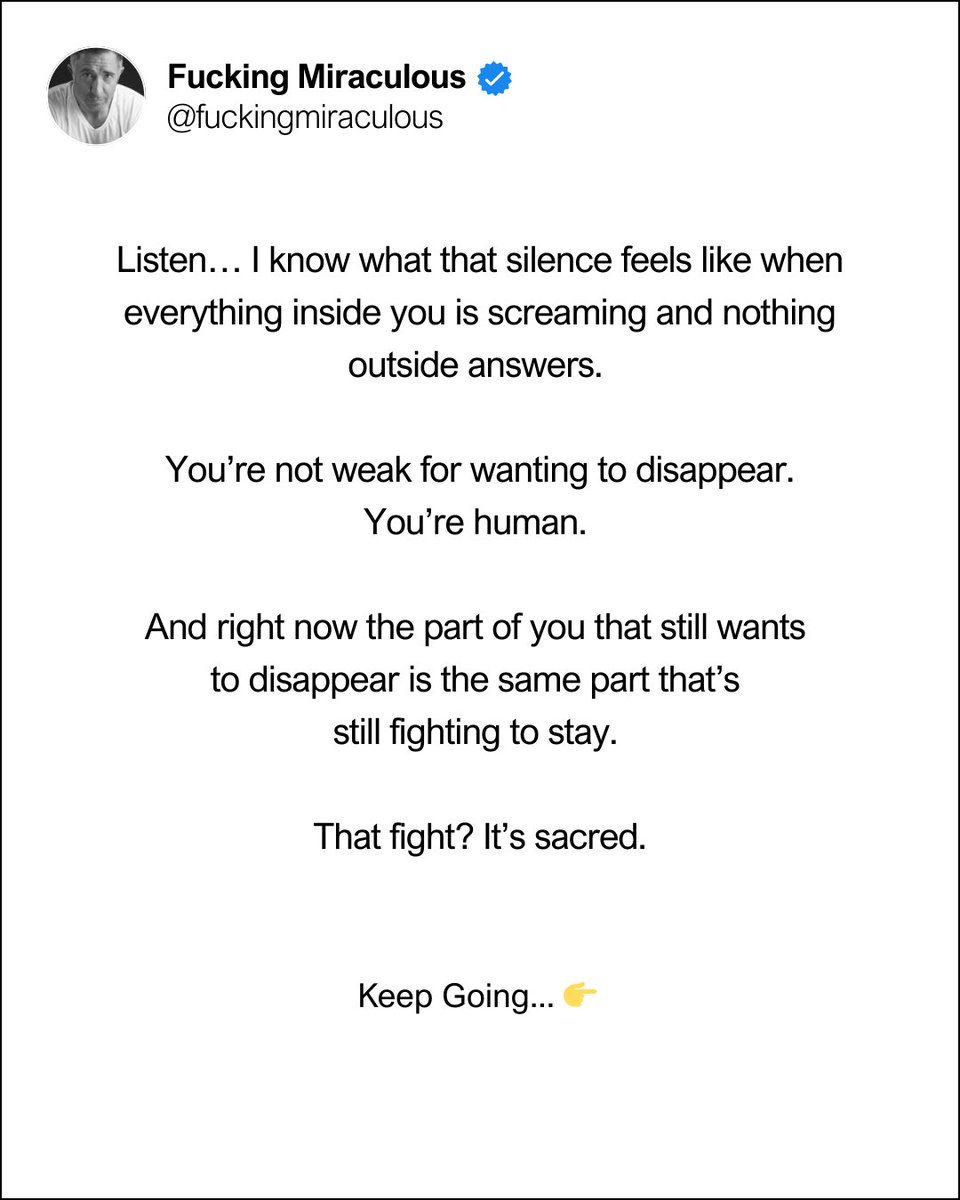 fucknmiraculous's tweet photo. I’m staying right here with you.
Drop a ❤️ if you’re still fighting.
Someone else needs to see they’re not alone.
#FuckingMiraculous #KeepGoing #YouAreEnough #MentalHealthMatters #OneBreathAtATime #HealingJourney https://t.co/tPb41xbhhH