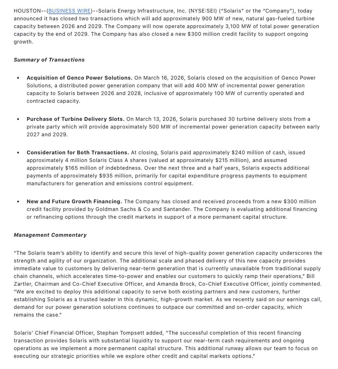 Solaris Energy $SEI announces 900MW natural gas expansion to hit 3,100MW by 2029. 

Backed by a $300M Goldman credit facility, the firm acquired Genco Power and 30 rare turbine slots to meet the immediate power crunch from AI data centers.