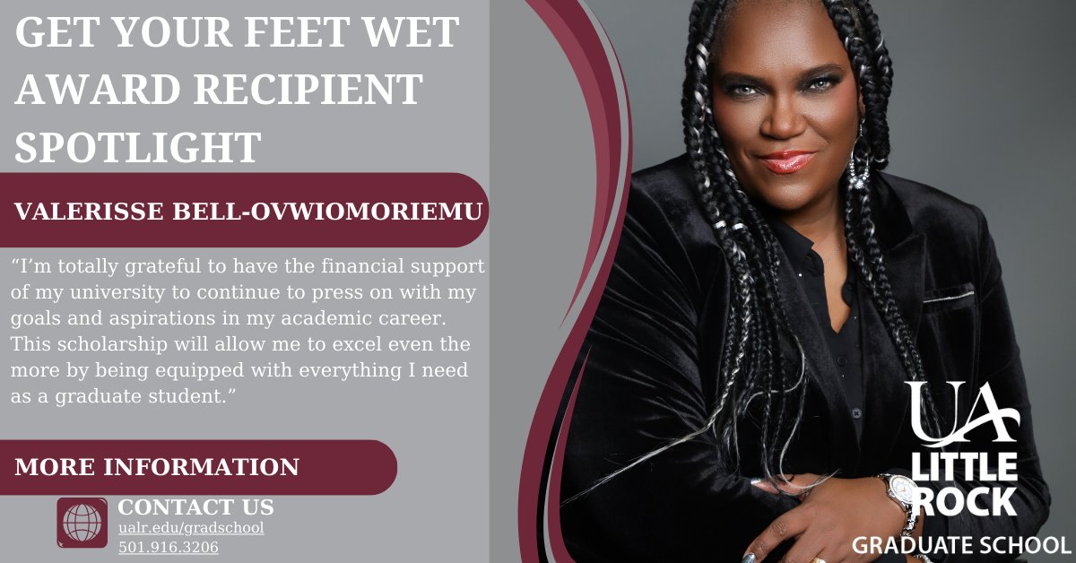 UALRGradSchool's tweet photo. Valerisse Bell-Ovwiomoriemu is a graduate student at UA Little Rock and a recipient of the Graduate School’s Get Your Feet Wet Scholarship. We’re proud to support students like Valerisse as they continue striving for excellence and making the most of their graduate experience. https://t.co/D9EGEzOZDx