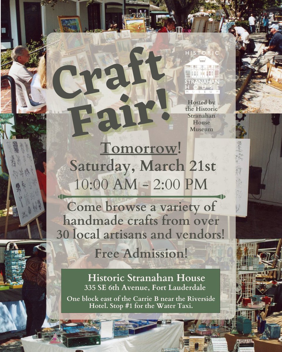 StranahanHouse's tweet image. Join us tomorrow for our Craft Fair! 🎨🛍️
Shop handmade goods from local artisans at the Historic Stranahan House Museum.

📍 10 AM – 2 PM
🎟️ Free admission

Parking can be found East of Boathouse at the Riverside (620 SE 4th Street).

#FortLauderdaleEvents #ShopLocalFL