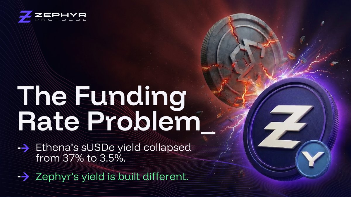 ❯❯ Ethena's $sUSDe: 37% → 3.5% 
A funding-rate model that breaks when you need it most_ 

$ZYS doesn't care what funding rates do:
▦ Yield from PoW block rewards.
▦ Users buy in = the yield goes up. 
▦ Users leave = your share goes up.

➡️Our flywheel works.

$ZEPH 🧵