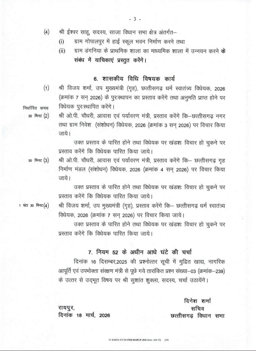 कार्यसूची
दिनांक : 19 मार्च 2026 (गुरुवार)

#BudgetSession2026 #CGVidhansabha

<a href="/drramansingh/">Dr Raman Singh</a> <a href="/vishnudsai/">Vishnu Deo Sai</a> <a href="/DrCharandas/">Dr. Charan Das Mahant</a> <a href="/KedarKashyapBJP/">Kedar Kashyap</a>