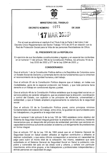 larepublica_co's tweet photo. #Atento | Mediante el decreto 0271 de 2026 el MinTrabajo fija mecanismo para garantizar el acceso a seguridad social a recicladores de oficio con ingresos inferiores a un salario mínimo https://t.co/zZf9XFe0jP