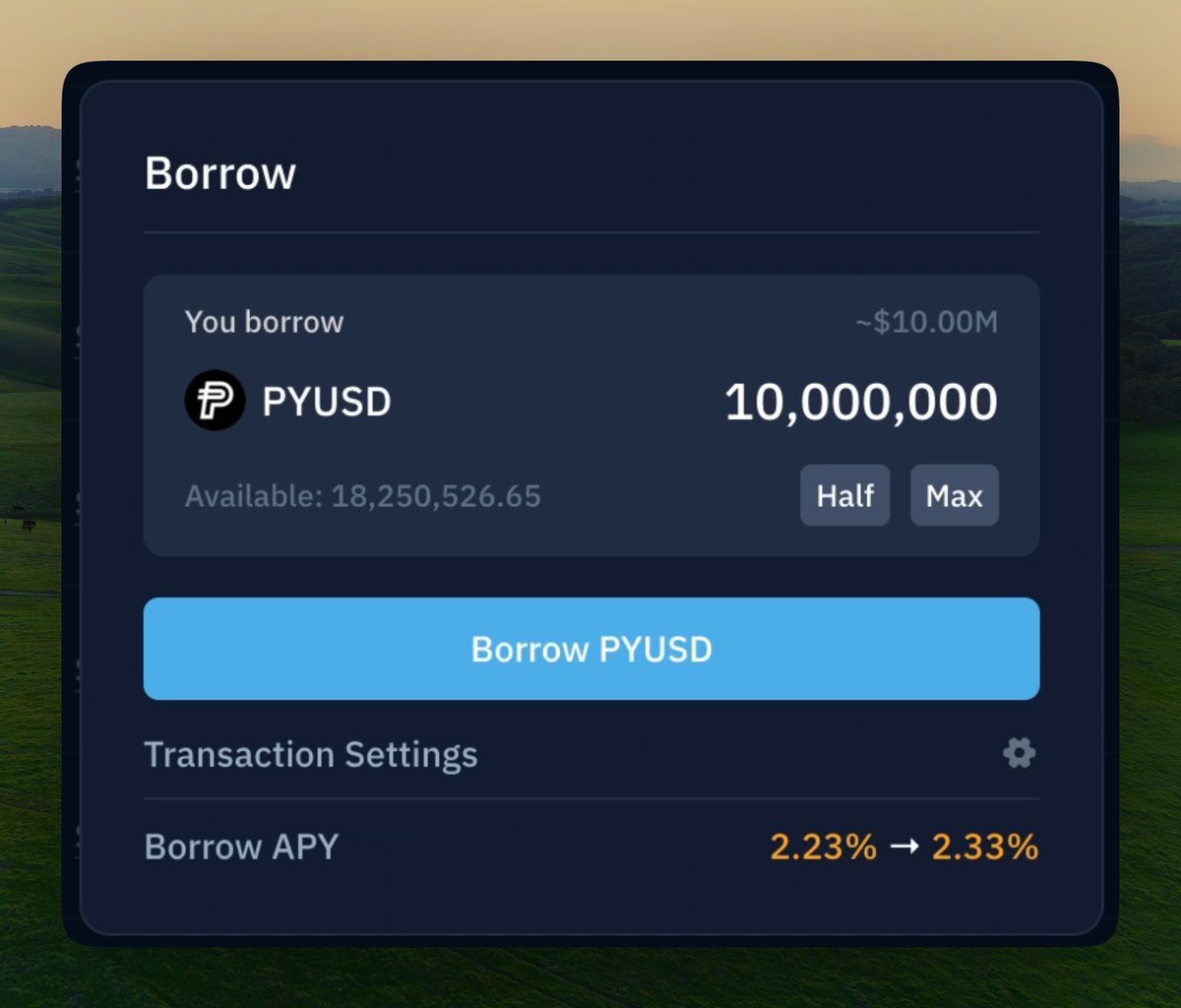 in theory, if you borrowed $10m on <a href="/kamino/">Kamino</a>

the borrow rate for $PYUSD would only move from 2.23% to 2.33%.

0.1% rate impact for an 8-figure borrow 🤯

if your size is size, <a href="/kamino/">Kamino</a> is your friend.