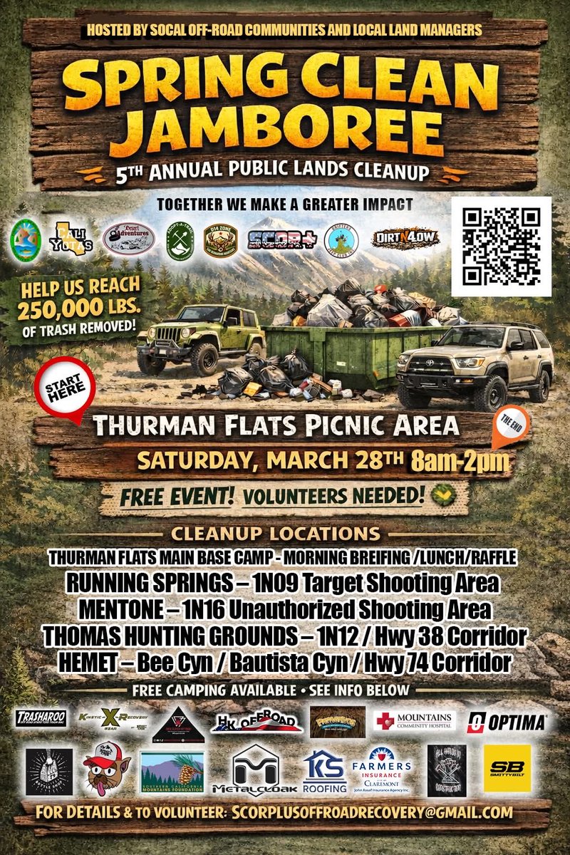 R010z's tweet photo. 🌿 Spring Clean Jamboree – 5th Annual Public Lands Cleanup 🌿

Join us for an all-welcome event (4x4 &amp; 2WD friendly)!

In 4 years, we’ve removed ~200,000 lbs of trash—let’s make year 5 even bigger 💪

📍 Main staging: Thurman Flats Picnic Area (Mentone, CA)
🕗 Briefing: 8 AM https://t.co/bMOEPZb9qN