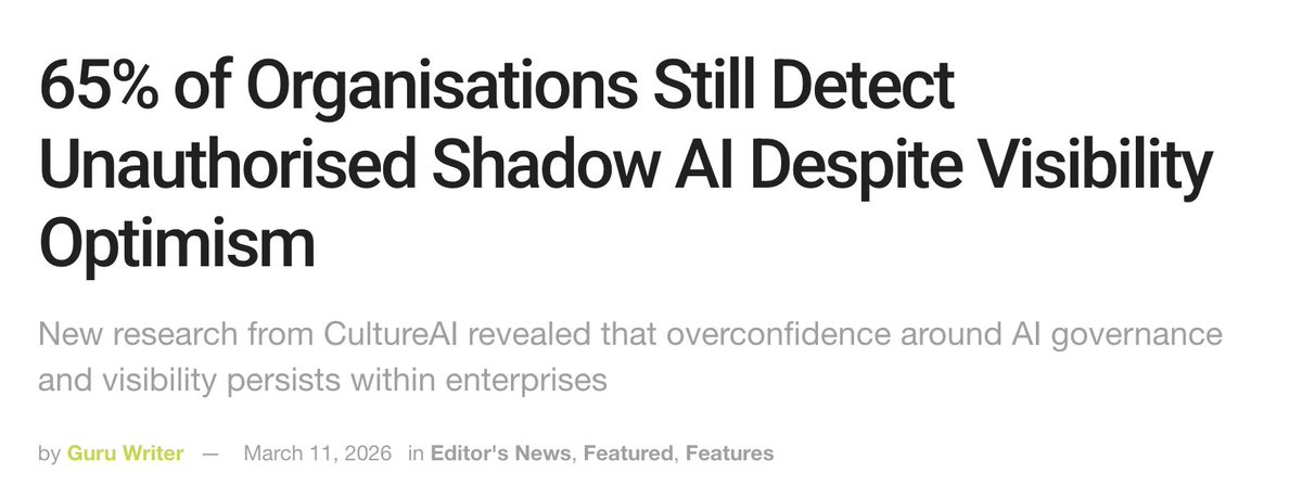 NokodSecurity's tweet photo. @IT_SecGuru: Most security teams believe they have visibility into AI usage, yet 65% of organizations still report detecting unauthorized #ShadowAI.

That gap isn’t really about AI tools themselves.

It reflects a deeper shift: employees are no longer just using technology, they’re building it directly inside approved organziational platforms rarely passing through security review.

So while visibility feels “good enough” on paper, an entirely new layer of business-created software is quietly expanding outside the scope of traditional AppSec and cloud security.

Shadow AI isn’t the root problem, it’s the signal.The real challenge is that security programs were never designed to see this layer in the first place.