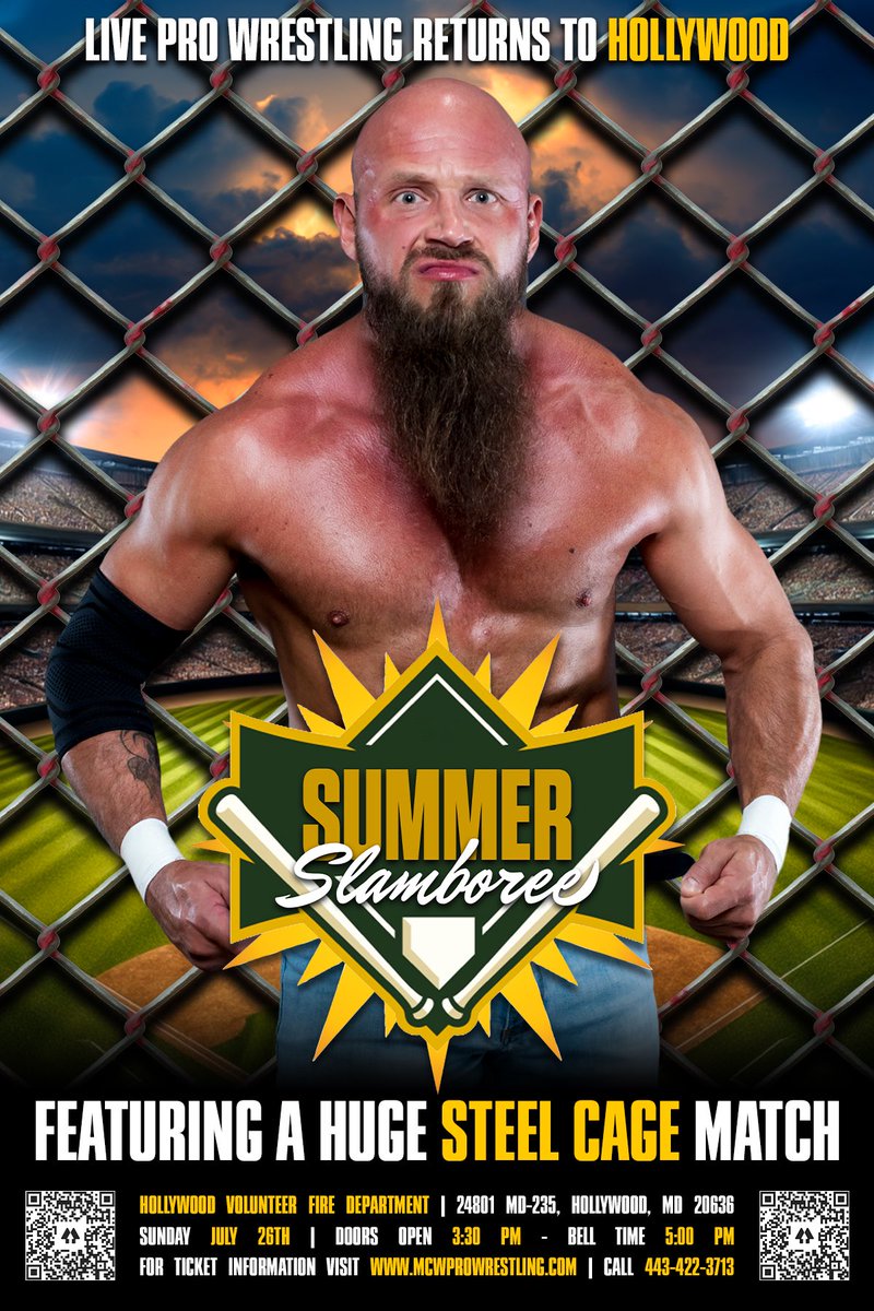 #MCWProWrestling returns to the Hollywood Volunteer Fire Department🚒 in Southern #Maryland on SUNDAY July 26th featuring a STEEL CAGE MATCH⛓️‍💥 Tickets 🎟️ for this event are on sale now 👉 freshtix.com/events/summer-… 🔗