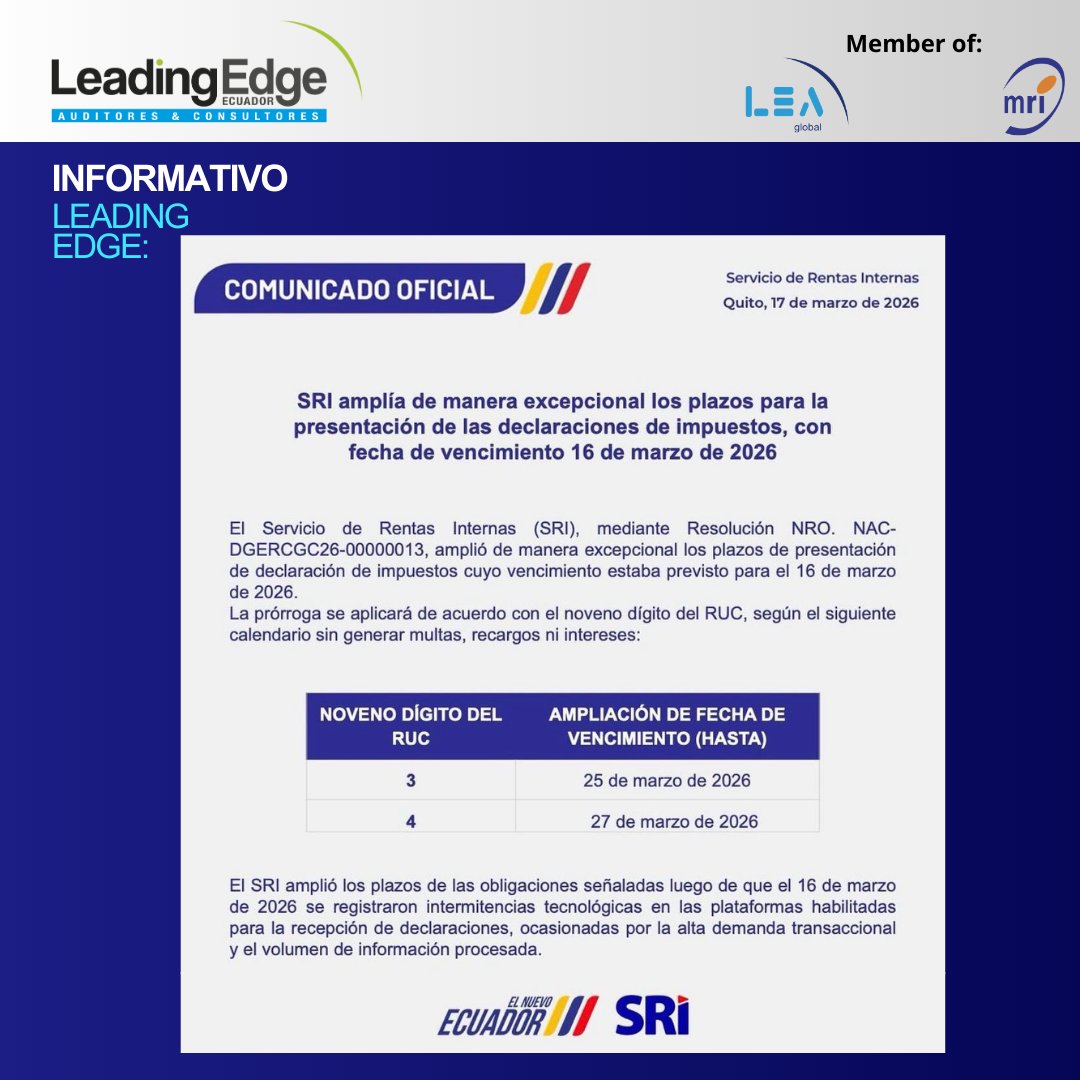 leadingecuador's tweet photo. ⚠️ ¿No declaraste a tiempo?
El Servicio de Rentas Internas extendió plazos sin multas 👇
RUC 3 → 25 marzo
RUC 4 → 27 marzo
📌 Aprovecha esta prórroga
#Impuestos #SRI #Ecuador https://t.co/aoqIltMqfp