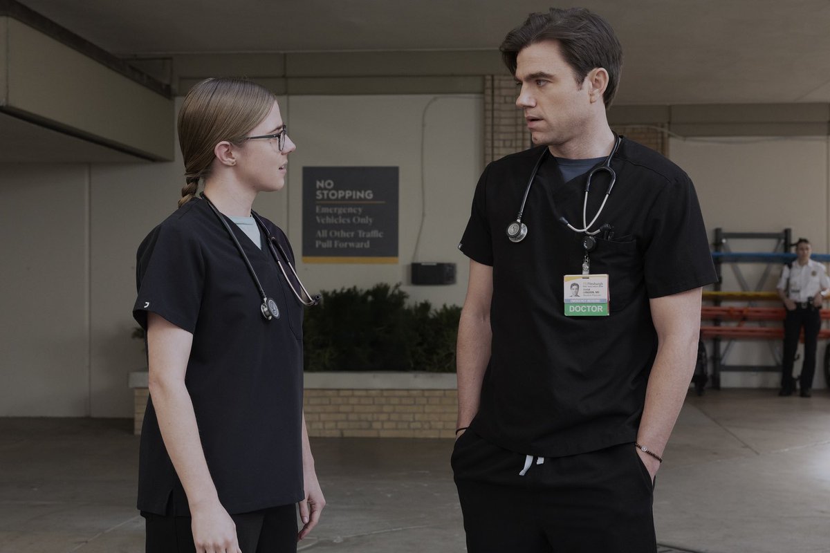 Patrick Ball and Taylor Dearden as Dr. Frank Langdon and Dr. Melissa King in Season 2: Episode 11 “5:00 PM” of #ThePitt