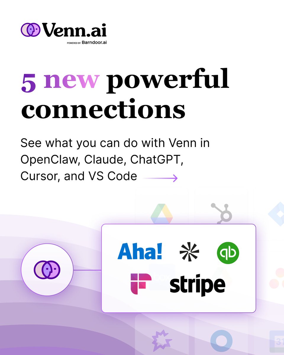 GetVennAI's tweet photo. Big news: 5 new Venn connections just dropped. 🎉
Aha! · Apollo · Fireflies · QuickBooks · Stripe

Connecting AI to your apps sounds scary. 

With Venn, it's just a few clicks. Safe, simple, no tech skills needed.

#AI #ProductivityHacks https://t.co/xaFLxsPaZE