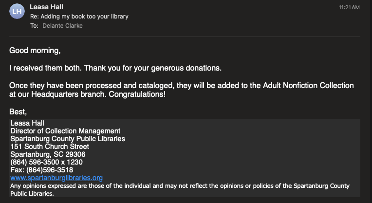 Today is starting out to be a good day for me! I sent my books to a public library to be reviewed for their collections, and this happened.