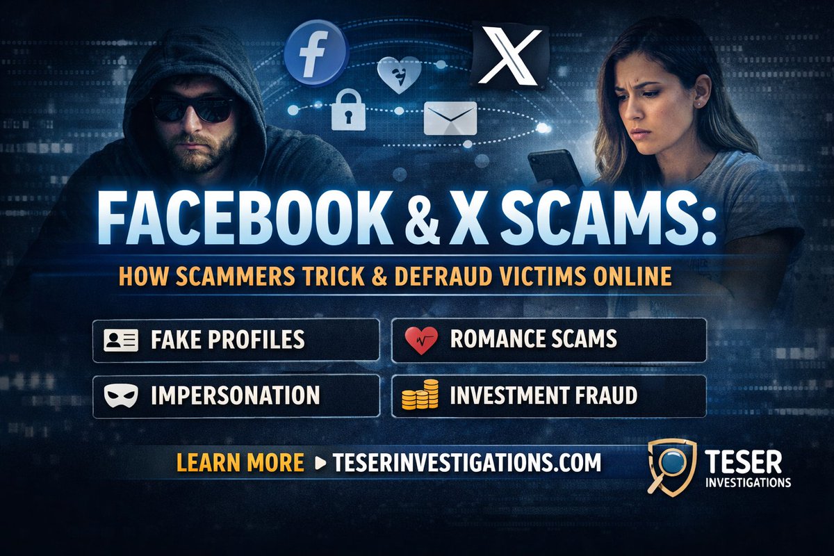 Teserllc's tweet photo. Fake Facebook and X accounts are being used for romance scams, impersonation, blackmail, and fraud.
Learn the warning signs and how investigators trace these cases.
Read: https://t.co/trwLt0f76A
#OnlineScams #FacebookScams #TeserInvestigations #FraudInvestigation https://t.co/8TBdADr5sv