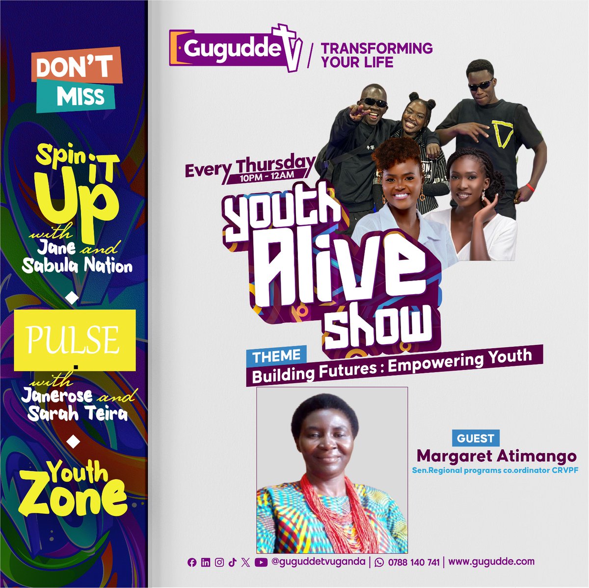 guguddetvuganda's tweet photo. Building futures starts with empowering young people.

This Thursday 10pm on #YouthAlive, we’re focusing on how #YouthEmpowerment can shape stronger, more resilient communities. Join us for an engaging conversation with the team from CRVPF, led by Executive Director Fassil Mariam, as they share insights, experiences, and opportunities for young people.

#GuguddeYouthAlive #GuguddeTvUganda
