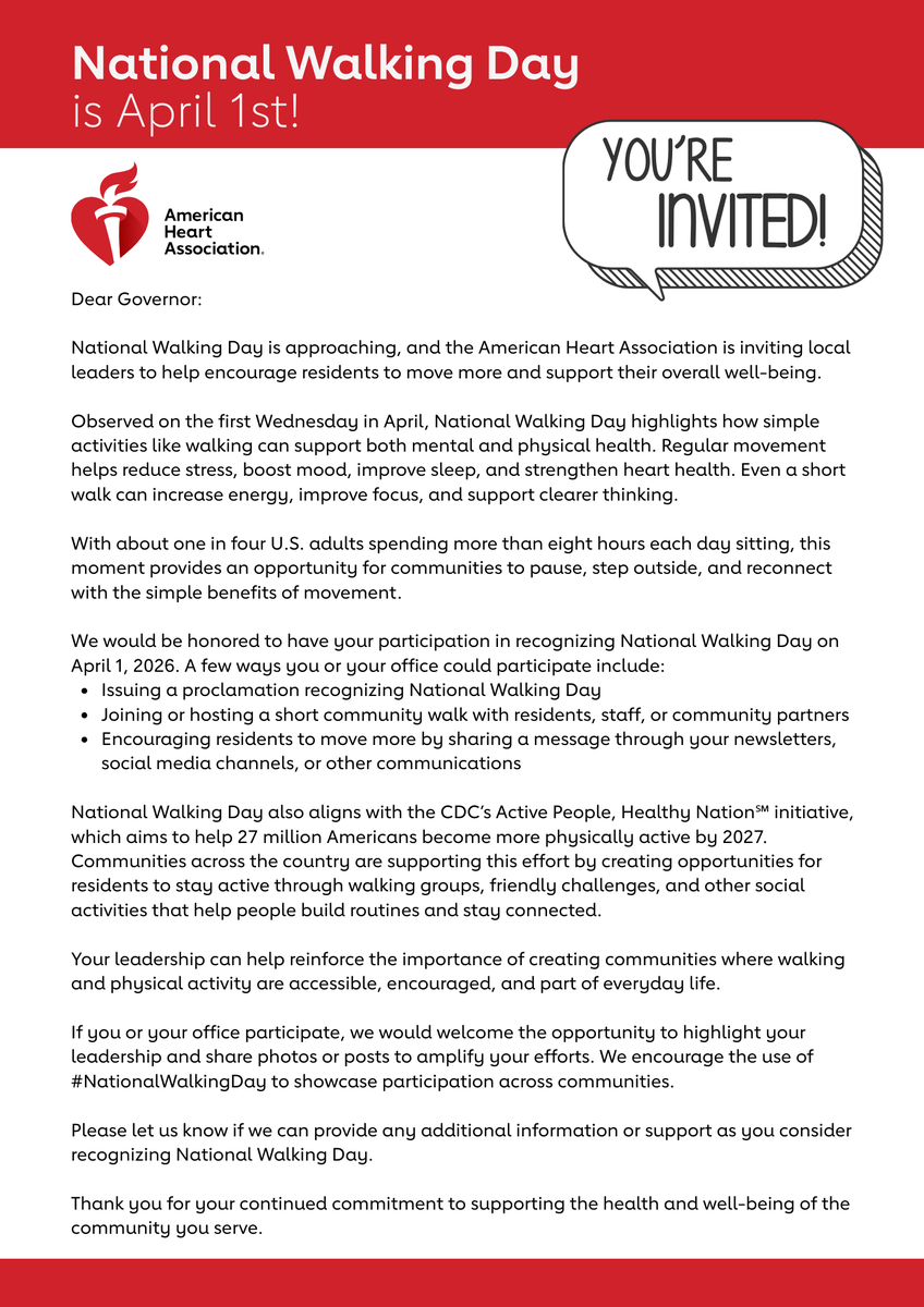 AmHeartAdvocacy's tweet image. #SavetheDate 🗓️ #NationalWalkingDay is Wednesday, April 1. 👟

We’re calling on governors nationwide - through direct outreach by American Heart Association staff in all 50 states - to join us in encouraging people to #movemore and support their overall health. Our official