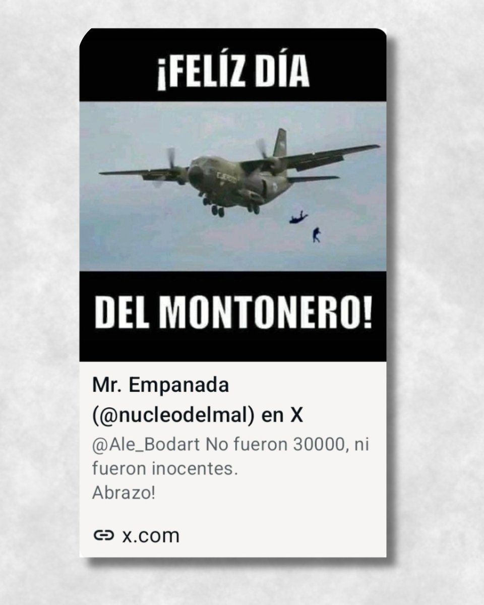 Ale_Bodart's tweet photo. Hoy denuncié en la Justicia a un defensor de los vuelos de la muerte

A días de un nuevo 24 de Marzo, vuelven a aparecer los fascistas envalentonados, que sueñan con volver al pasado y se sienten habilitados por los discursos del Poder Ejecutivo. No es casual: cuando desde arriba se relativizan los crímenes de la dictadura, abajo se sienten con derecho a reivindicar lo peor de nuestra historia. Y además, son cobardes, porque no solo se amparan detrás de nombres ridículos en redes sociales, sino que después los borran!

Hoy denuncié en la justicia al autor de un tuit que me enviaron incitando abiertamente a la desaparición de personas. La Causa cayó en el juzgado de Rafecas. No es un tuit más: es apología del crimen, es un ataque directo a las conquistas del movimiento de derechos humanos y a la memoria de los 30.000.

Ojalá Rafecas actúe en consecuencia, porque estas brutalidades cobardes no se pueden naturalizar. Nuestro mensaje es contundente: no les tenemos miedo. Vamos a ser millones el 24 en las calles de todo el país. Porque no olvidamos, no perdonamos, y exigimos Memoria, Verdad y Justicia.