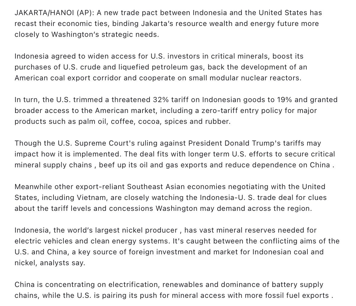 $MP $UUUU $UAMY $USAR $LAC $CRML | U.S. and Indonesia trade deal secures critical mineral access for the US and cuts tariffs to a 19% reciprocal rate.

Indonesia mandates $15B in annual US energy purchases (crude, LPG, fuel) to replace Middle East supply amid Hormuz disruptions.
