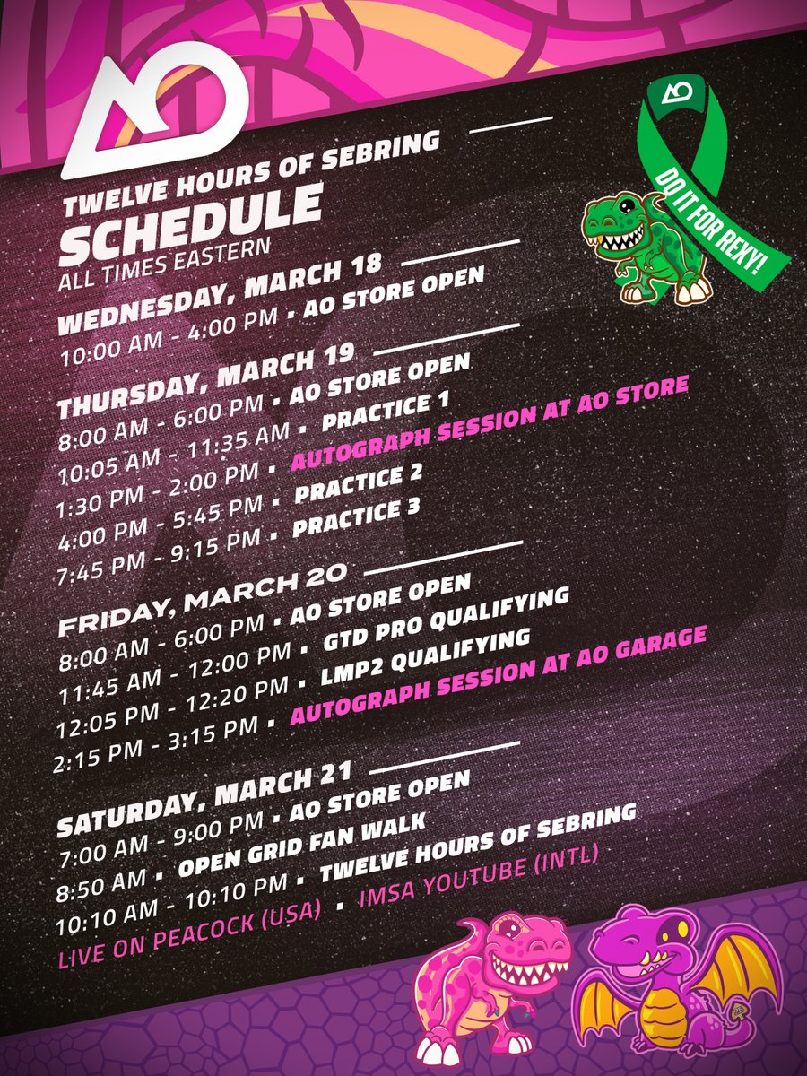 AORacingUSA's tweet image. Here's everything you need to know to follow along for the Twelve Hours of Sebring! 

 **Note, we've added another autograph session on Thursday at our store in the midway to help accommodate the amount of fans expected this weekend**

#IMSA | #Sebring12