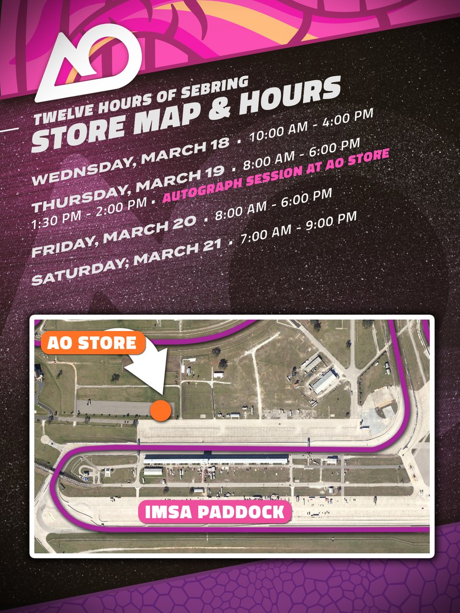 AORacingUSA's tweet image. Here's everything you need to know to follow along for the Twelve Hours of Sebring! 

 **Note, we've added another autograph session on Thursday at our store in the midway to help accommodate the amount of fans expected this weekend**

#IMSA | #Sebring12