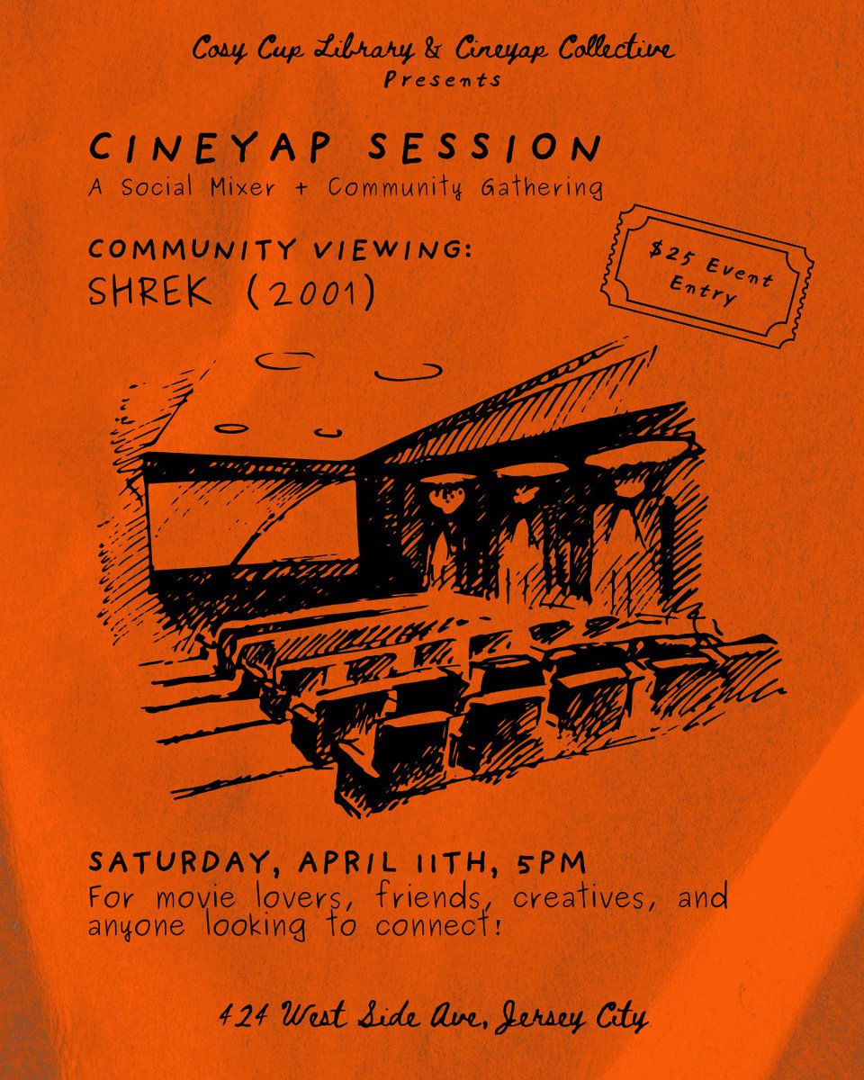 cineyapp's tweet photo. Join us 🍿 for a social mixer + community film night w/ SHREK (2001). 

SAT. APRIL 11TH — 5PM 🗓️
Cosy Cup Library — Jersey City, NJ ☕️ 

FIRST COME, FIRST SERVE. 
✰ Limited tickets available 🎟️
✰ Plus 1s MUST secure their own tickets
✰ RSVP to buy tickets (Link in Bio) 🧌 https://t.co/HAMpBBDNd6