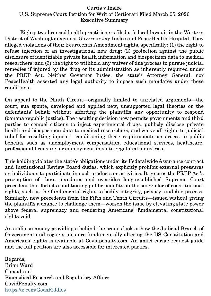 GodsRiddles's tweet photo. Due to persons wanting a one-page executive summary to fight back against judicial activism relating to America's right to refuse medical experimentation, I published the following Exec summary at https://t.co/jj0X4yRYPG Use this as a tool to educate your elected leaders. https://t.co/vgbSZqgZGq